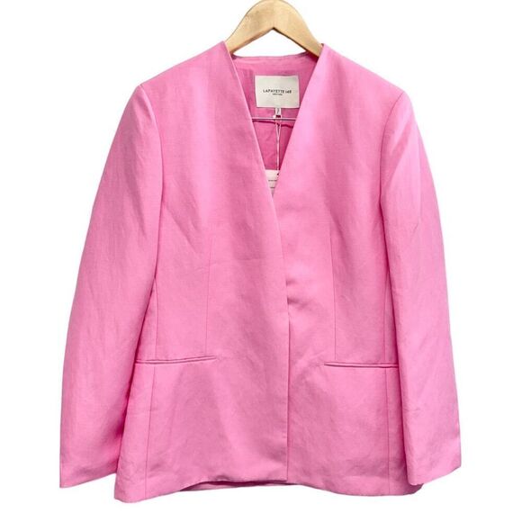 Lafayette 148 New York Linen Silk Blazer Size 8 Pink V Neck Slim Silhouette NEW - Picture 1 of 12